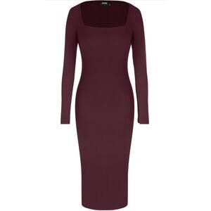 CIDER‎ Solid Square Neck Long Sleeve Ribbed Midi Dress in Wine Size XL